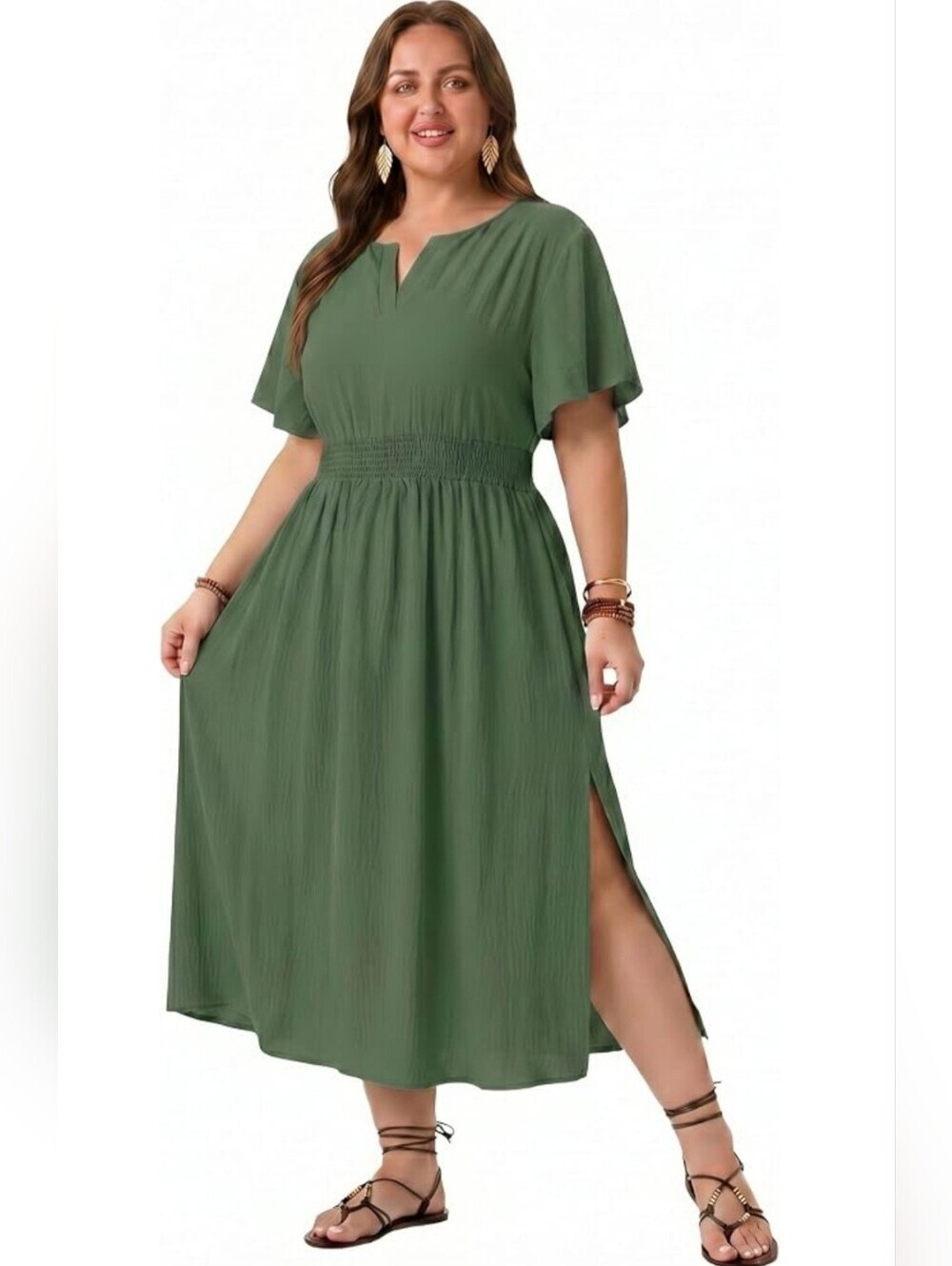 NWT Plus Size Sage Green Boho Maxi Dress 1X | Smocked Waist Pockets - Picture 6 of 6